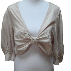 YFB Young Fabulous & Broke Miranda Linen Blend Twist Front Crop Top Cream Size M
